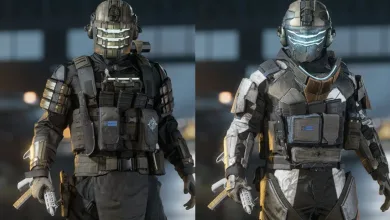 Two armored Battlefield 6 soldier cosmetics wearing glowing Dead Space-inspired helmets