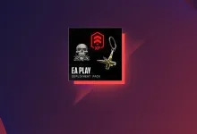 EA Play pack graphic showing a game-themed reward package and red emblem against a purple background.