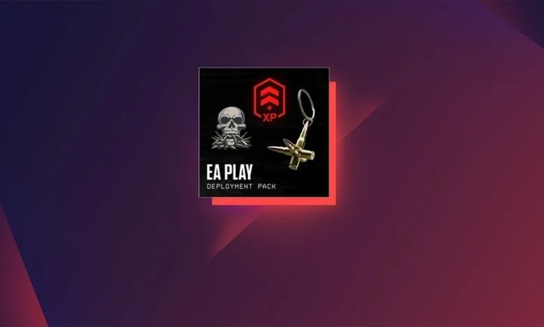 EA Play pack graphic showing a game-themed reward package and red emblem against a purple background.