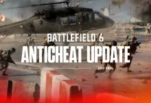 Battlefield 6 soldiers and a helicopter in a combat scene with July 2026 anticheat update text