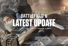 Battlefield 6 soldier holding a knife in front of a smoky battlefield scene, with text identifying the latest update dated September 16, 2026.