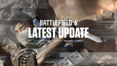 Battlefield 6 soldier holding a knife in front of a smoky battlefield scene, with text identifying the latest update dated September 16, 2026.