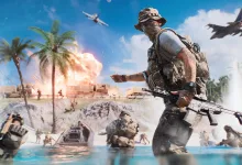 A Battlefield 6 soldier moves through shallow tropical water as boats, aircraft, palm trees, and an explosion fill the background.
