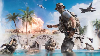 A Battlefield 6 soldier moves through shallow tropical water as boats, aircraft, palm trees, and an explosion fill the background.