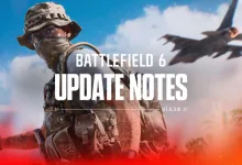 Battlefield 6 update artwork showing a masked soldier beside a fighter jet, with the version number 1.4.3.0 visible.