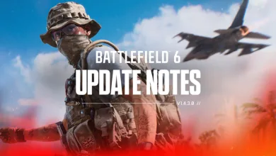 Battlefield 6 update artwork showing a masked soldier beside a fighter jet, with the version number 1.4.3.0 visible.