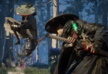 A masked warrior crouches with a sword as an airborne creature attacks in a forest in Beast of Reincarnation.