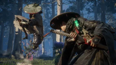 A masked warrior crouches with a sword as an airborne creature attacks in a forest in Beast of Reincarnation.