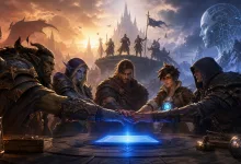 Fantasy game characters gather around a glowing blue interface beneath a futuristic AI figure, symbolizing Blizzard's labor contract covering AI and layoffs.