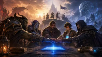 Fantasy game characters gather around a glowing blue interface beneath a futuristic AI figure, symbolizing Blizzard's labor contract covering AI and layoffs.
