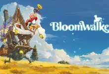 A whimsical moving house carries a traveler across a sunny landscape in Bloomwalker.
