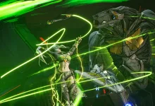 Loveless the Hacker attacks a large armored creature with glowing green energy in Borderlands 4