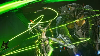 Loveless the Hacker attacks a large armored creature with glowing green energy in Borderlands 4