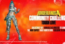 Borderlands 4 Tough Love community challenge artwork showing Loveless against a red background with the 10 million kills goal and Mint Chipset skin reward