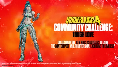 Borderlands 4 Tough Love community challenge artwork showing Loveless against a red background with the 10 million kills goal and Mint Chipset skin reward