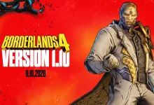 Borderlands 4 Version 1.10 artwork dated September 10, 2026, showing a bald character in a light coat against a red background