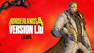 Borderlands 4 Version 1.10 artwork dated September 10, 2026, showing a bald character in a light coat against a red background