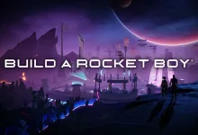 Futuristic purple-lit landscape with a large planet, distant structures, and silhouetted figures.