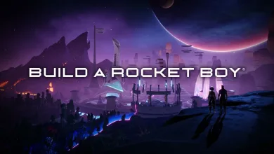 Futuristic purple-lit landscape with a large planet, distant structures, and silhouetted figures.