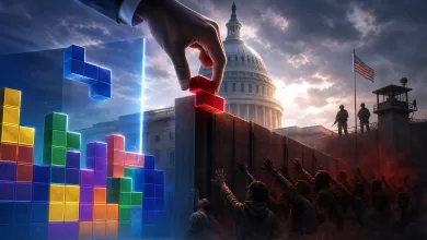 Tetris-like colored blocks rise beside a border wall beneath the U.S. Capitol dome, with a hand placing a red block and figures gathered in the foreground.
