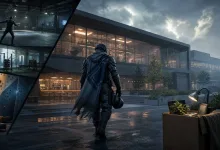 Conceptual editorial illustration of a modern game studio campus with fitness facilities and a figure carrying belongings outside.