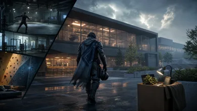Conceptual editorial illustration of a modern game studio campus with fitness facilities and a figure carrying belongings outside.