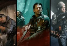 Three Call of Duty: Black Ops 7 operators shown in separate panels, each holding a weapon