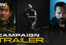 Three Call of Duty: Modern Warfare 4 characters appear in a split campaign trailer image, including a masked soldier at the center.