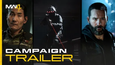 Three Call of Duty: Modern Warfare 4 characters appear in a split campaign trailer image, including a masked soldier at the center.