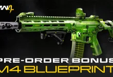 A bright green M4 weapon blueprint shown for Call of Duty: Modern Warfare 4 as a preorder bonus.