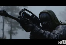 A Call of Duty: Modern Warfare 4 soldier aims a sniper rifle in a misty forest.