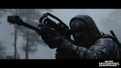 A Call of Duty: Modern Warfare 4 soldier aims a sniper rifle in a misty forest.