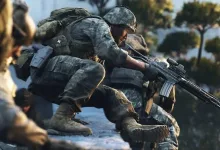 A Call of Duty: Modern Warfare 4 soldier crouches while aiming a rifle outdoors