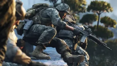 A Call of Duty: Modern Warfare 4 soldier crouches while aiming a rifle outdoors