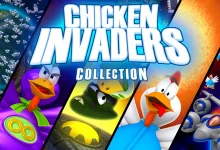 Colorful Chicken Invaders Collection artwork showing cartoon chickens, a robot, and space backgrounds.