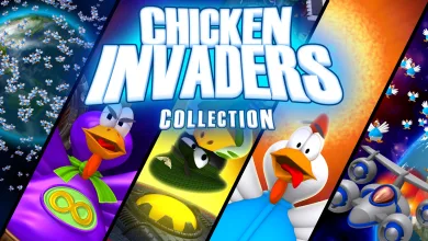 Colorful Chicken Invaders Collection artwork showing cartoon chickens, a robot, and space backgrounds.