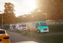 Colorful food trucks gathered beside a tree-lined road in Cities: Skylines II