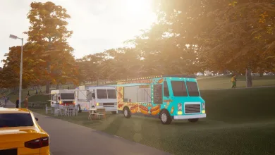 Colorful food trucks gathered beside a tree-lined road in Cities: Skylines II
