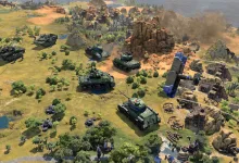 A Civilization VII battlefield with tanks and artillery positioned around a damaged settlement.