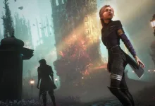 A Clair Obscur: Expedition 33 character stands in a misty city with another figure in the background.