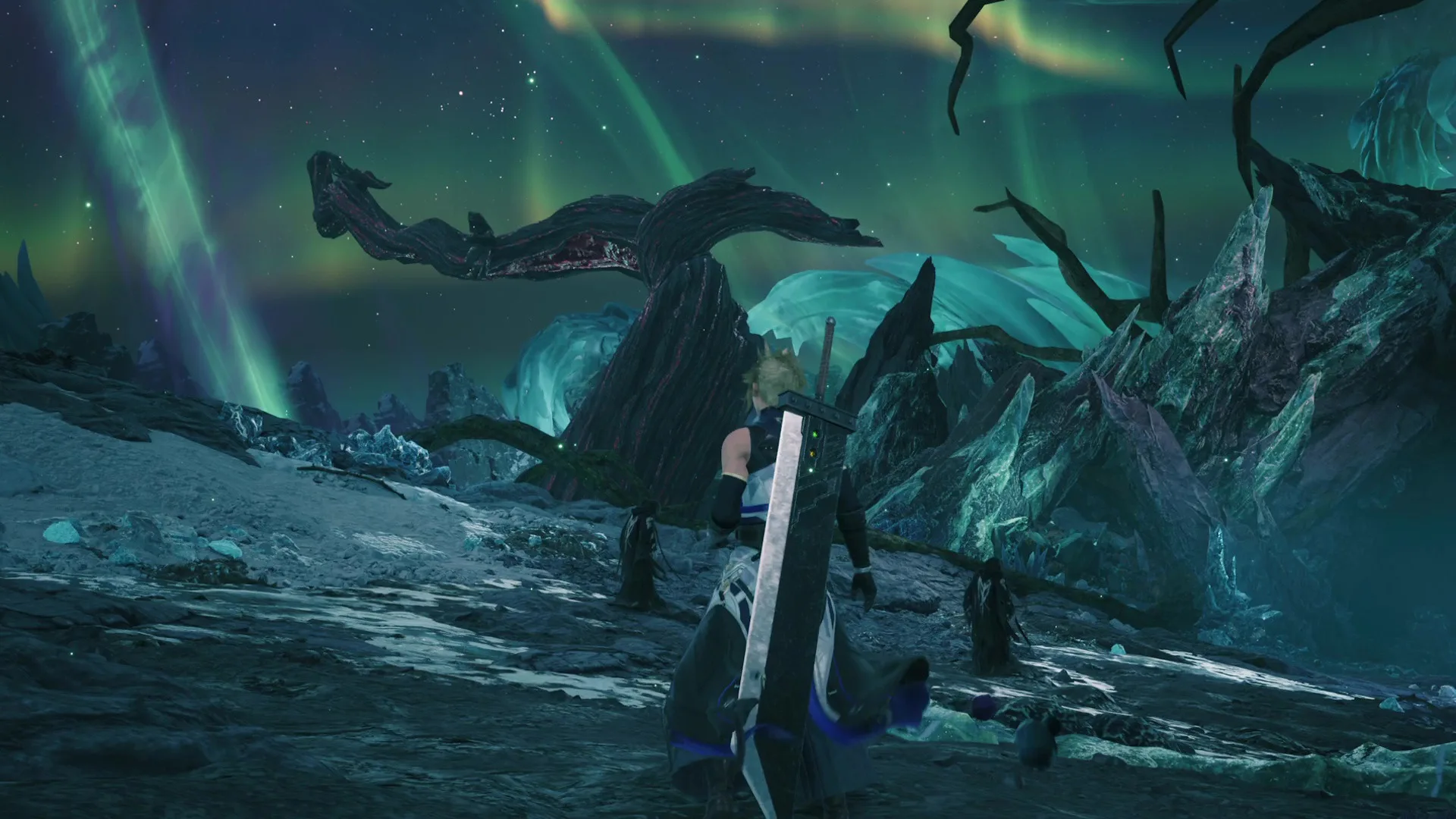 Cloud standing in the Whirlwind Maze beneath green aurora-like lights