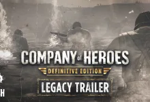Monochrome wartime scene with soldiers in water beneath the Company of Heroes Definitive Edition Legacy Trailer title