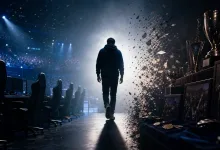 A silhouetted figure walks away from esports gaming stations toward a display of trophies in a dark arena.