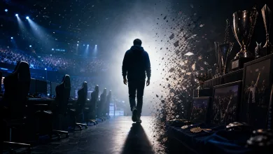 A silhouetted figure walks away from esports gaming stations toward a display of trophies in a dark arena.