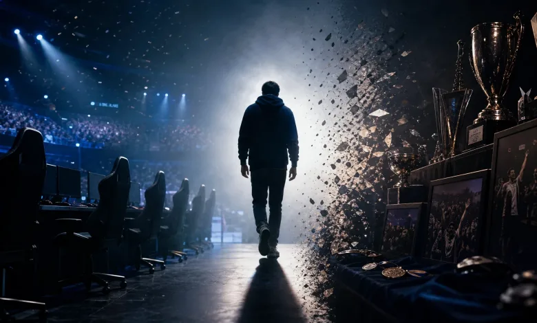 A silhouetted figure walks away from esports gaming stations toward a display of trophies in a dark arena.