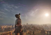 A Conan Exiles character stands on a ridge overlooking the Exiled Lands as purple rift-like streaks spread across the sky.
