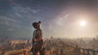 A Conan Exiles character stands on a ridge overlooking the Exiled Lands as purple rift-like streaks spread across the sky.
