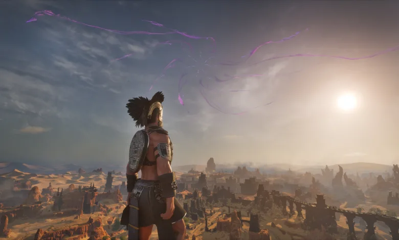 A Conan Exiles character stands on a ridge overlooking the Exiled Lands as purple rift-like streaks spread across the sky.