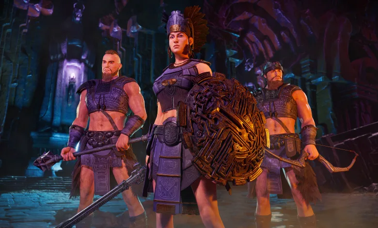 Three Conan Exiles Enhanced characters stand in a cavern, with the central warrior holding a large decorated shield.