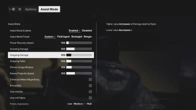 Control Resonant's Assist Mode menu showing adjustable combat settings and sliders